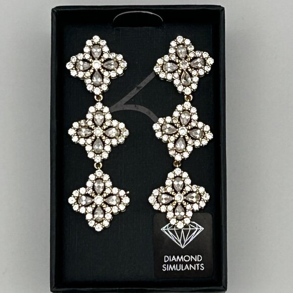 Gold Tone Triple Clover Drop Earrings with Diamond Simulants Statement Dangle - Picture 1 of 15